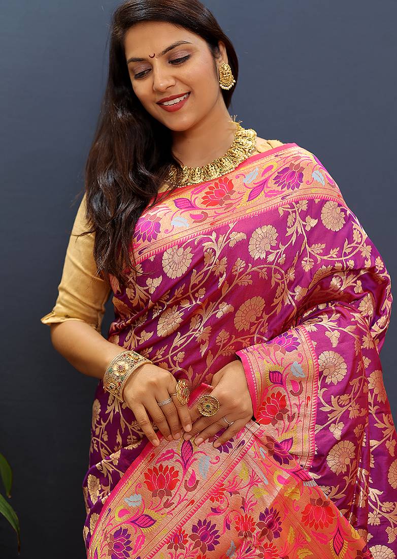 Magenta pink banarasi silk blend saree with multi-color meenakari floral border