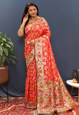 Red banarasi silk blend saree with multi-color meenakari floral border 1