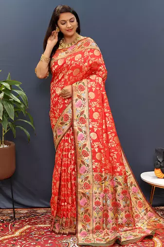 Red banarasi silk blend saree with multi-color meenakari floral border