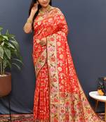Red banarasi silk blend saree with multi-color meenakari floral border