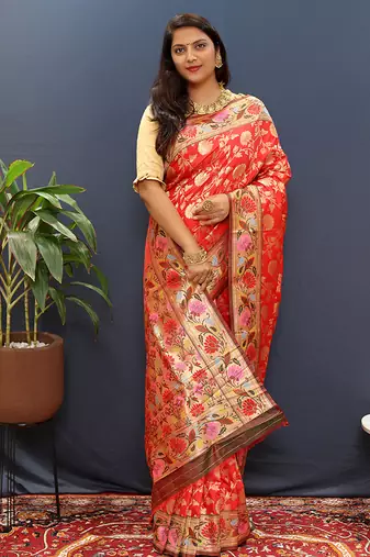 Red banarasi silk blend saree with multi-color meenakari floral border