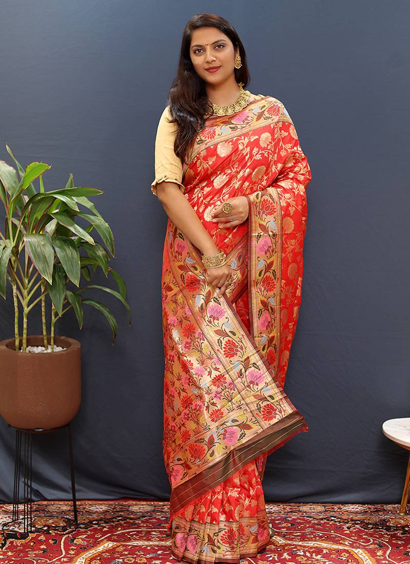 Red banarasi silk blend saree with multi-color meenakari floral border