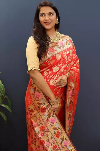 Red banarasi silk blend saree with multi-color meenakari floral border