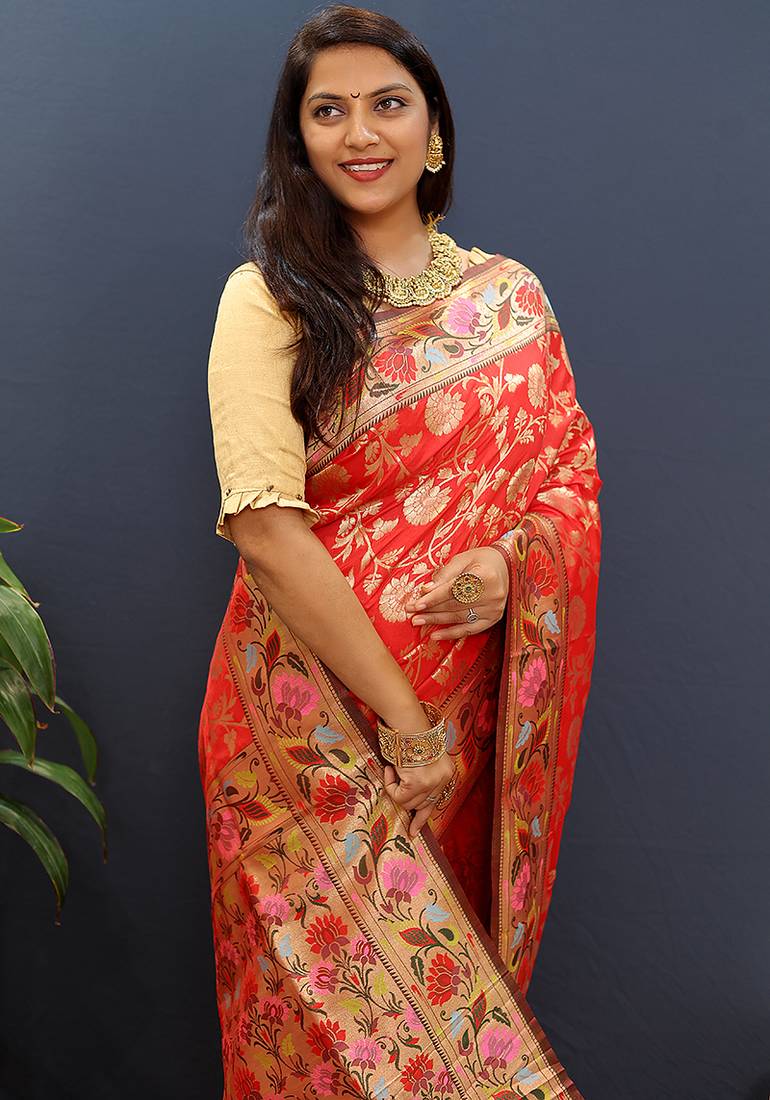 Red banarasi silk blend saree with multi-color meenakari floral border
