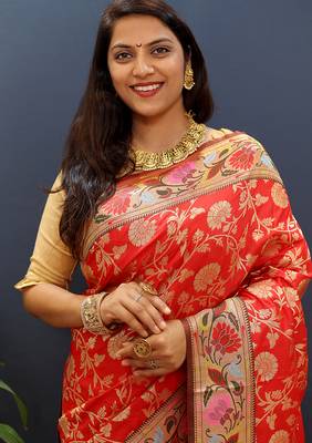 Red banarasi silk blend saree with multi-color meenakari floral border 4