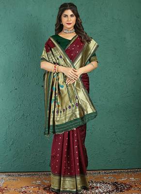 Maroon banarasi silk blend saree with zari weaving & dark green paithani border 1