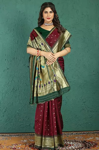 Maroon banarasi silk blend saree with zari weaving & dark green paithani border