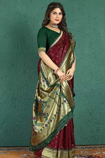 Maroon banarasi silk blend saree with zari weaving & dark green paithani border