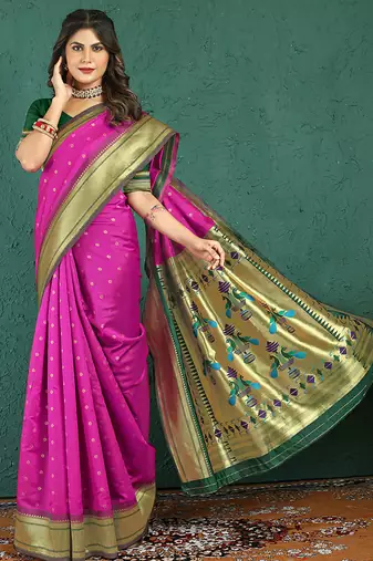 Magenta banarasi silk blend saree with zari weaving & dark green paithani border