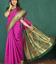 Magenta banarasi silk blend saree with zari weaving & dark green paithani border