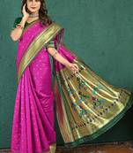 Magenta banarasi silk blend saree with zari weaving & dark green paithani border