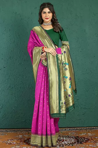 Magenta banarasi silk blend saree with zari weaving & dark green paithani border