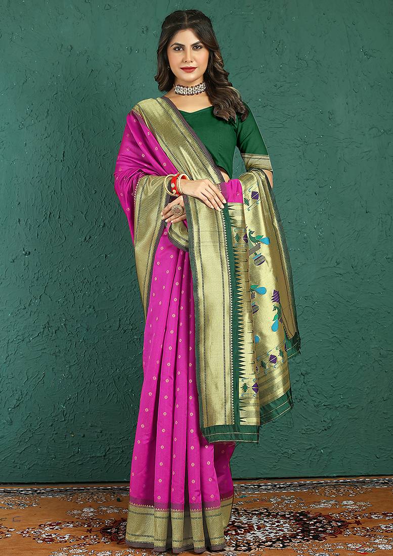 Magenta banarasi silk blend saree with zari weaving & dark green paithani border