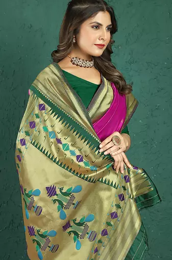 Magenta banarasi silk blend saree with zari weaving & dark green paithani border