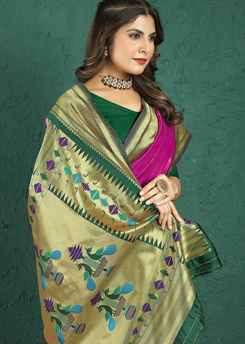 Magenta banarasi silk blend saree with zari weaving & dark green paithani border