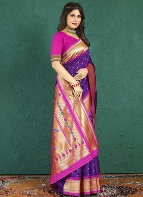 Purple banarasi silk blend saree with zari weaving & pink paithani border 1