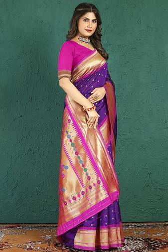 Purple banarasi silk blend saree with zari weaving & pink paithani border