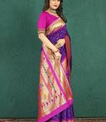 Purple banarasi silk blend saree with zari weaving & pink paithani border