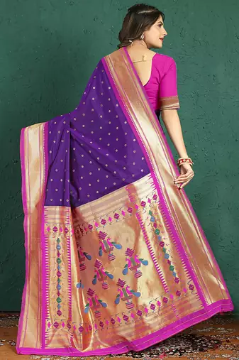 Purple banarasi silk blend saree with zari weaving & pink paithani border