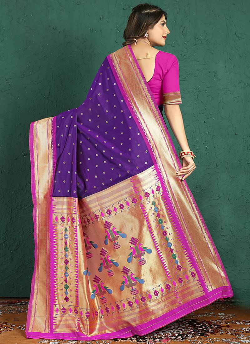 Purple banarasi silk blend saree with zari weaving & pink paithani border