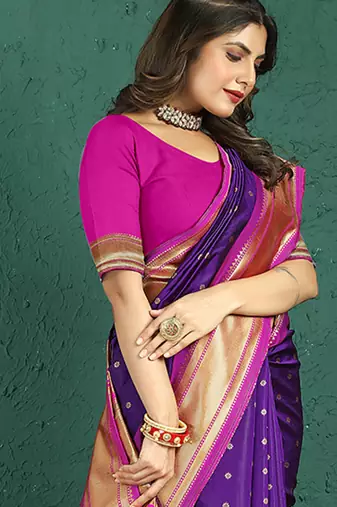 Purple banarasi silk blend saree with zari weaving & pink paithani border