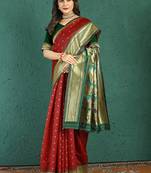 Maroon banarasi silk blend saree with zari weaving & dark green paithani border