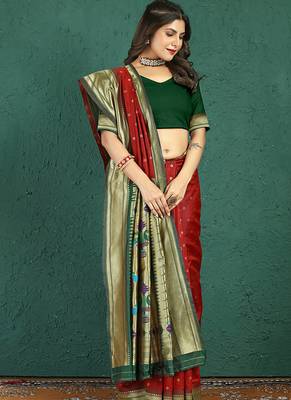 Maroon banarasi silk blend saree with zari weaving & dark green paithani border 3