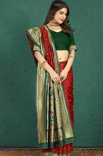 Maroon banarasi silk blend saree with zari weaving & dark green paithani border