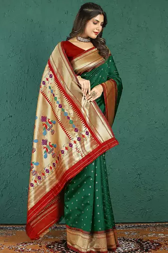 Dark green banarasi silk blend saree with zari weaving & maroon paithani border