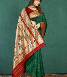 Dark green banarasi silk blend saree with zari weaving & maroon paithani border