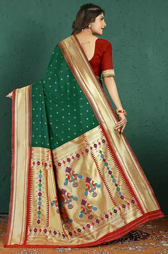 Dark green banarasi silk blend saree with zari weaving & maroon paithani border