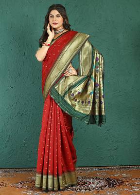 Red banarasi silk blend saree with zari weaving & dark green paithani border 1