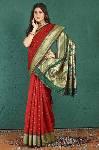 Red banarasi silk blend saree with zari weaving & dark green paithani border