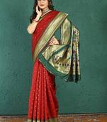 Red banarasi silk blend saree with zari weaving & dark green paithani border