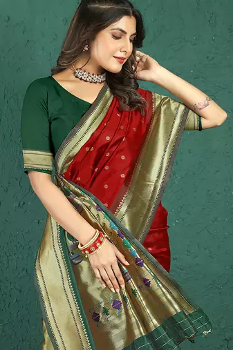 Red banarasi silk blend saree with zari weaving & dark green paithani border