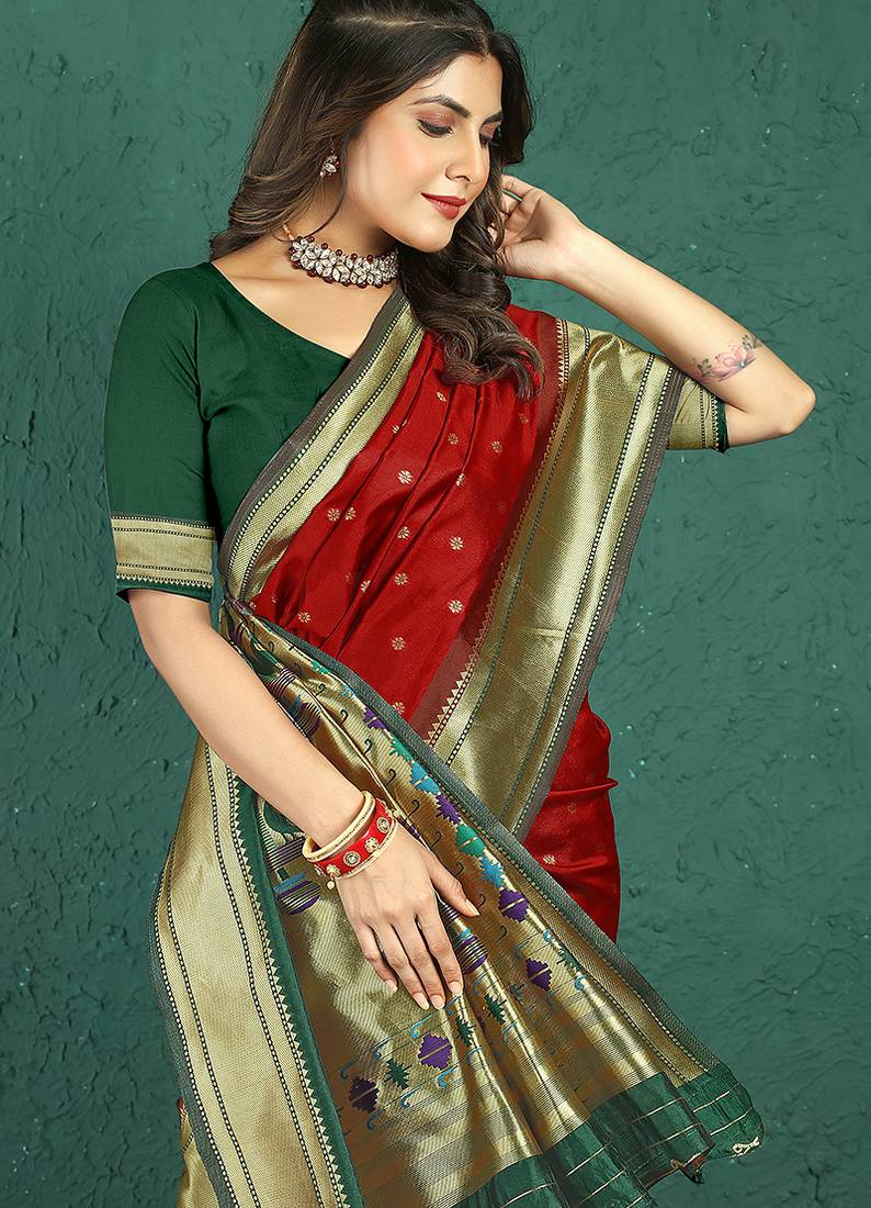 Red banarasi silk blend saree with zari weaving & dark green paithani border