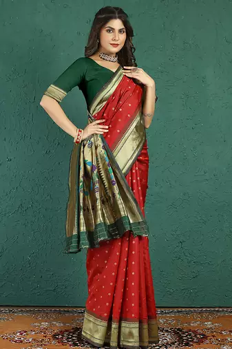 Red banarasi silk blend saree with zari weaving & dark green paithani border
