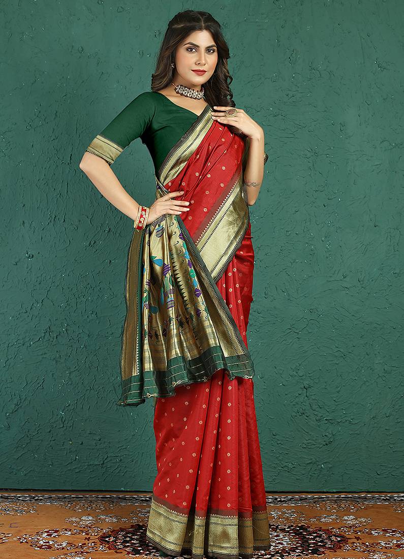 Red banarasi silk blend saree with zari weaving & dark green paithani border