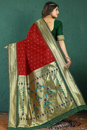 Red banarasi silk blend saree with zari weaving & dark green paithani border