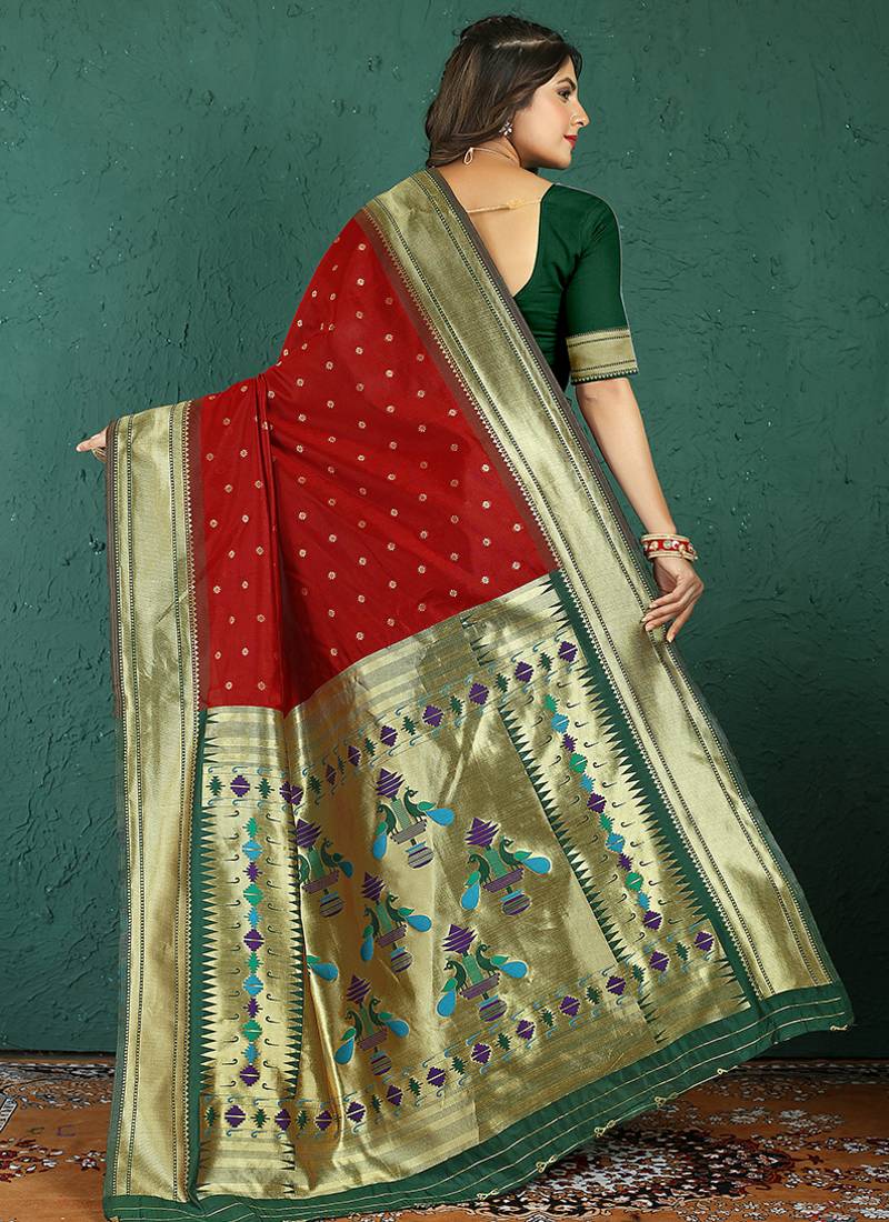 Red banarasi silk blend saree with zari weaving & dark green paithani border