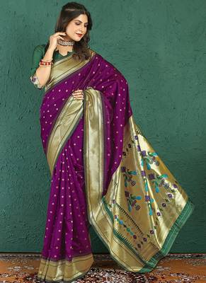 Dark purple banarasi silk blend saree with zari weaving & dark green paithani border 1