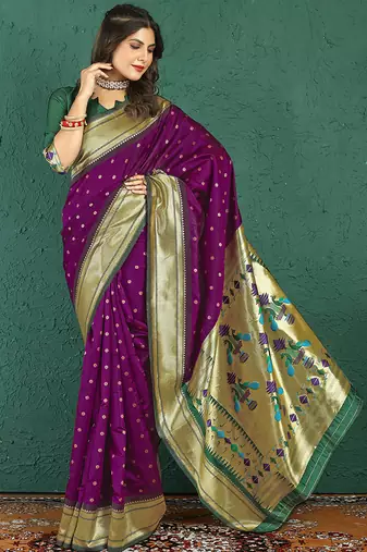 Dark purple banarasi silk blend saree with zari weaving & dark green paithani border
