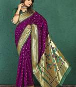 Dark purple banarasi silk blend saree with zari weaving & dark green paithani border