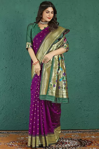 Dark purple banarasi silk blend saree with zari weaving & dark green paithani border