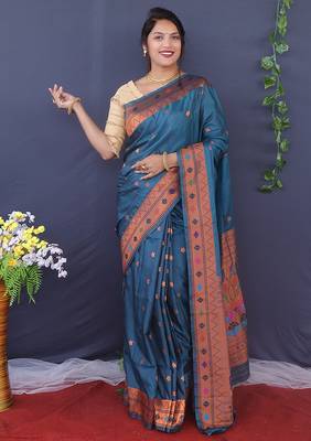 Teal blue banarasi silk blend saree with copper zari butti & geometric woven border 1