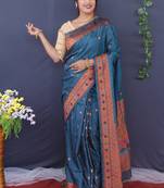 Teal blue banarasi silk blend saree with copper zari butti & geometric woven border