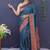 Teal blue banarasi silk blend saree with copper zari butti & geometric woven border