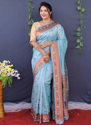 Sky blue banarasi silk blend saree with copper zari butti & geometric woven border 1