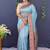 Sky blue banarasi silk blend saree with copper zari butti & geometric woven border
