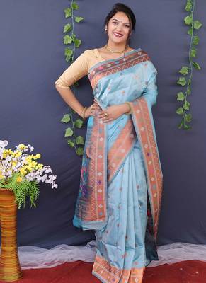 Sky blue banarasi silk blend saree with copper zari butti & geometric woven border 2